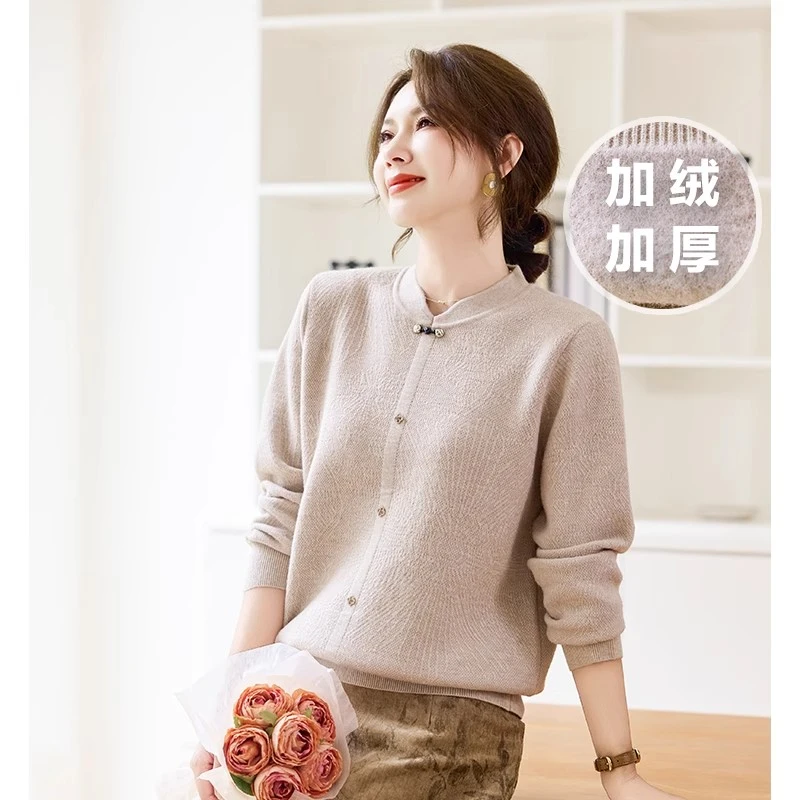 中年妈妈装冬季针织打底小衫2024新款洋气一体绒上衣加绒加厚毛衣