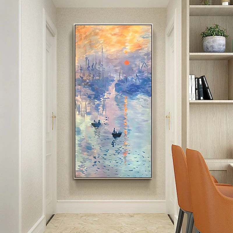A【莫奈日出】手绘油画玄关画走廊装饰画定制壁画现代简欧挂画手工