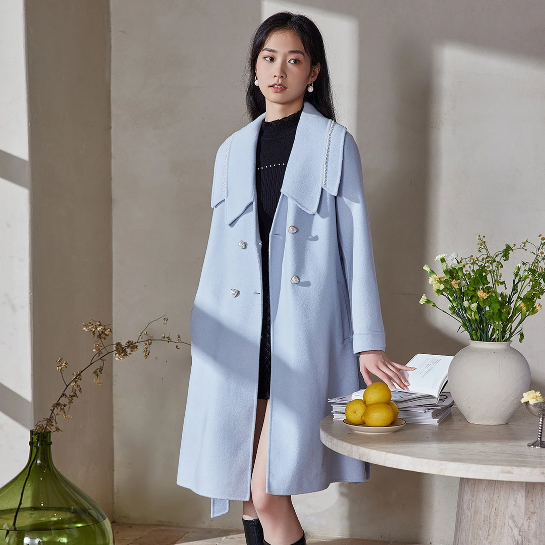 芭依璐冬季新款女钉珠大翻领毛呢外套88D8051