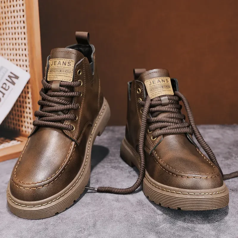 马丁靴男2023秋季高帮英伦风休闲皮鞋纯色皮靴耐磨男士机车工装靴
