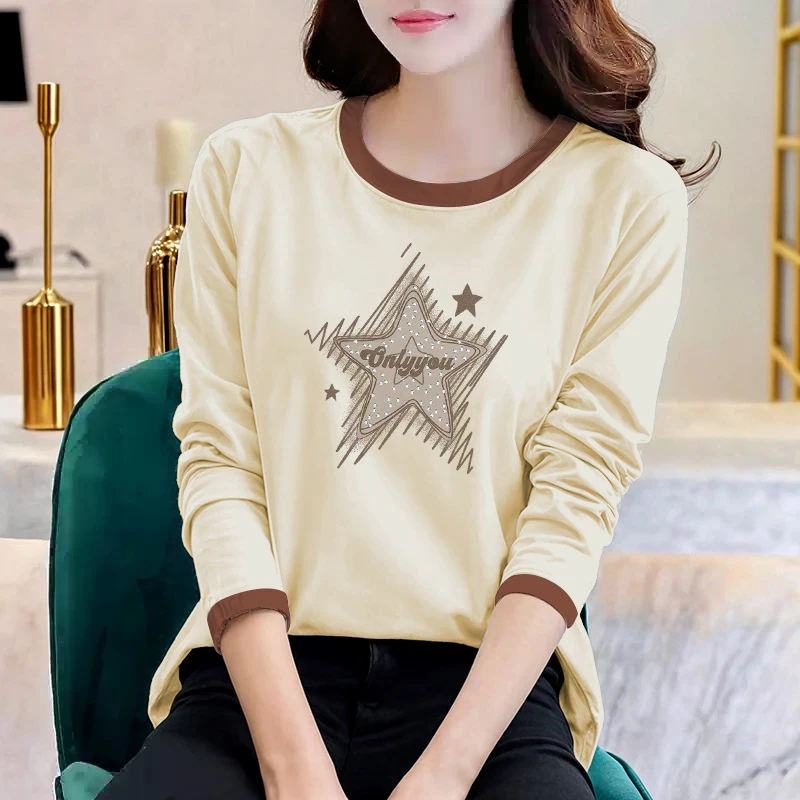 洋气显瘦2024年秋季新款印花圆领百搭潮流长袖T恤ins撞色拼色D813