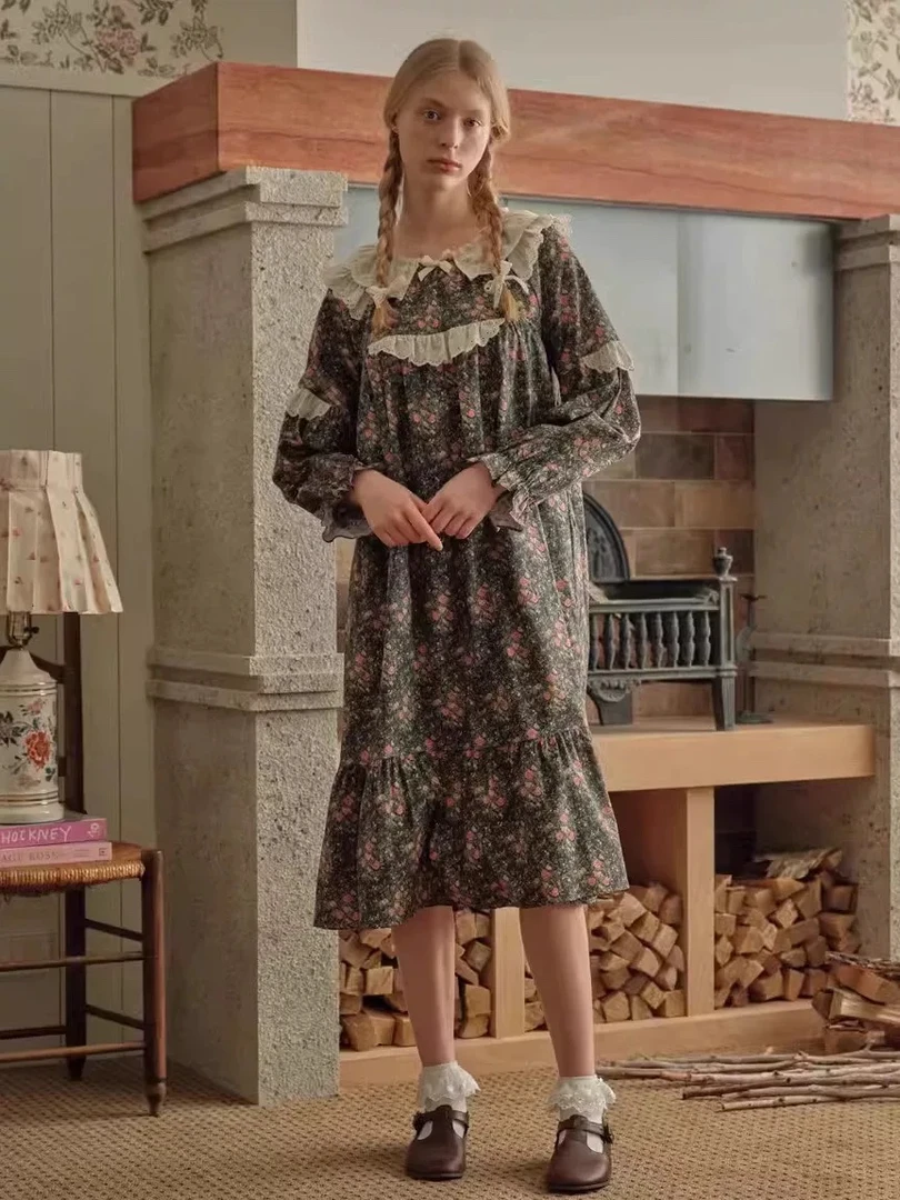 UL家/黑色小碎花/韩国品牌/女士长袖睡衣套装裙子23017