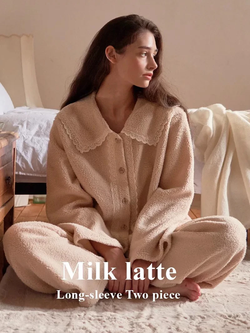 UL家/韩国冬季甜美花边翻领长袖羊羔绒绒睡衣家居服套装 24259