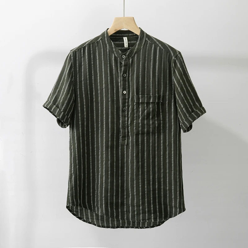 麻尚生活夏季清新条纹五分袖亚麻衬衫宽松休闲透气立领麻料衬衣男