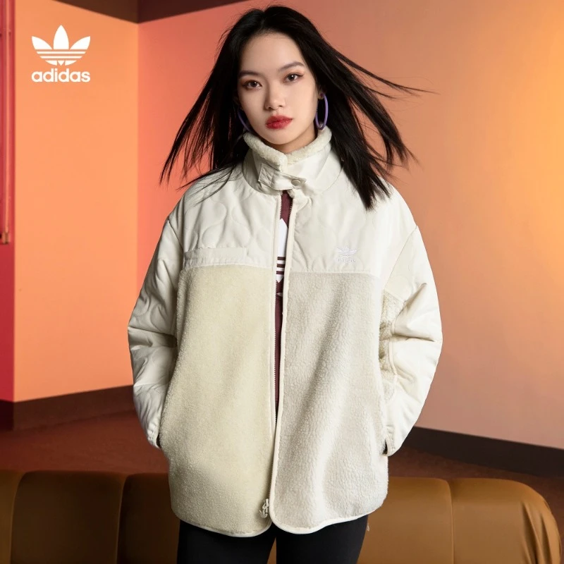 阿迪达斯三叶草 女款加厚保暖仿羊羔绒拼接夹克外套SHERPA HK2071