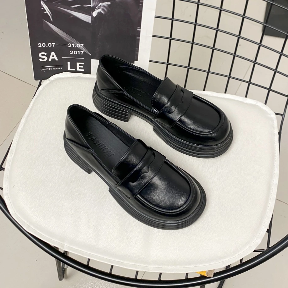 春秋季乐福鞋女2024年新款英伦风小皮鞋女jk一脚蹬厚底黑色单鞋女