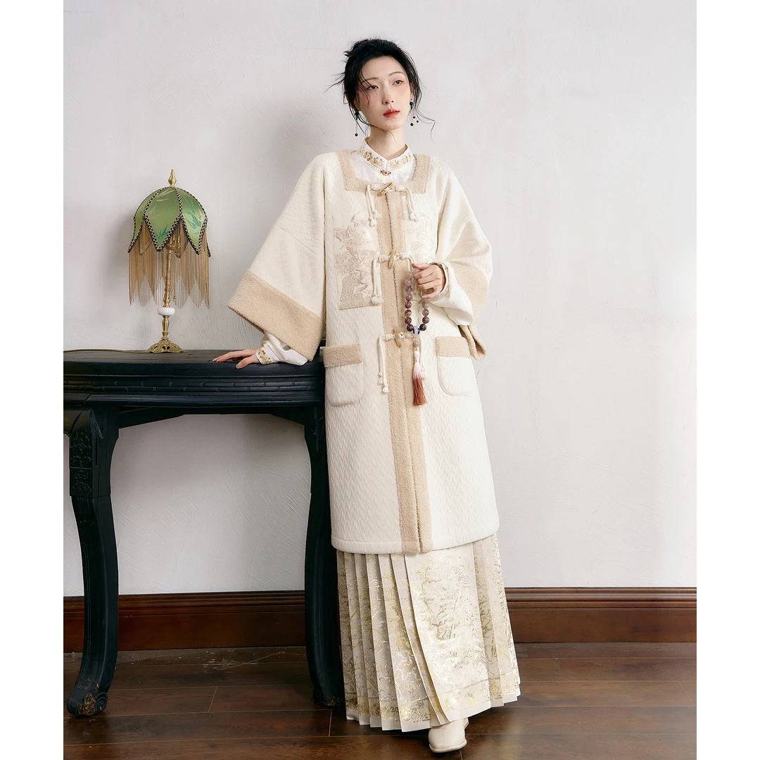 微瑕 【庭玉】原创设计汉服国风外套新中式拼色毛绒大衣女