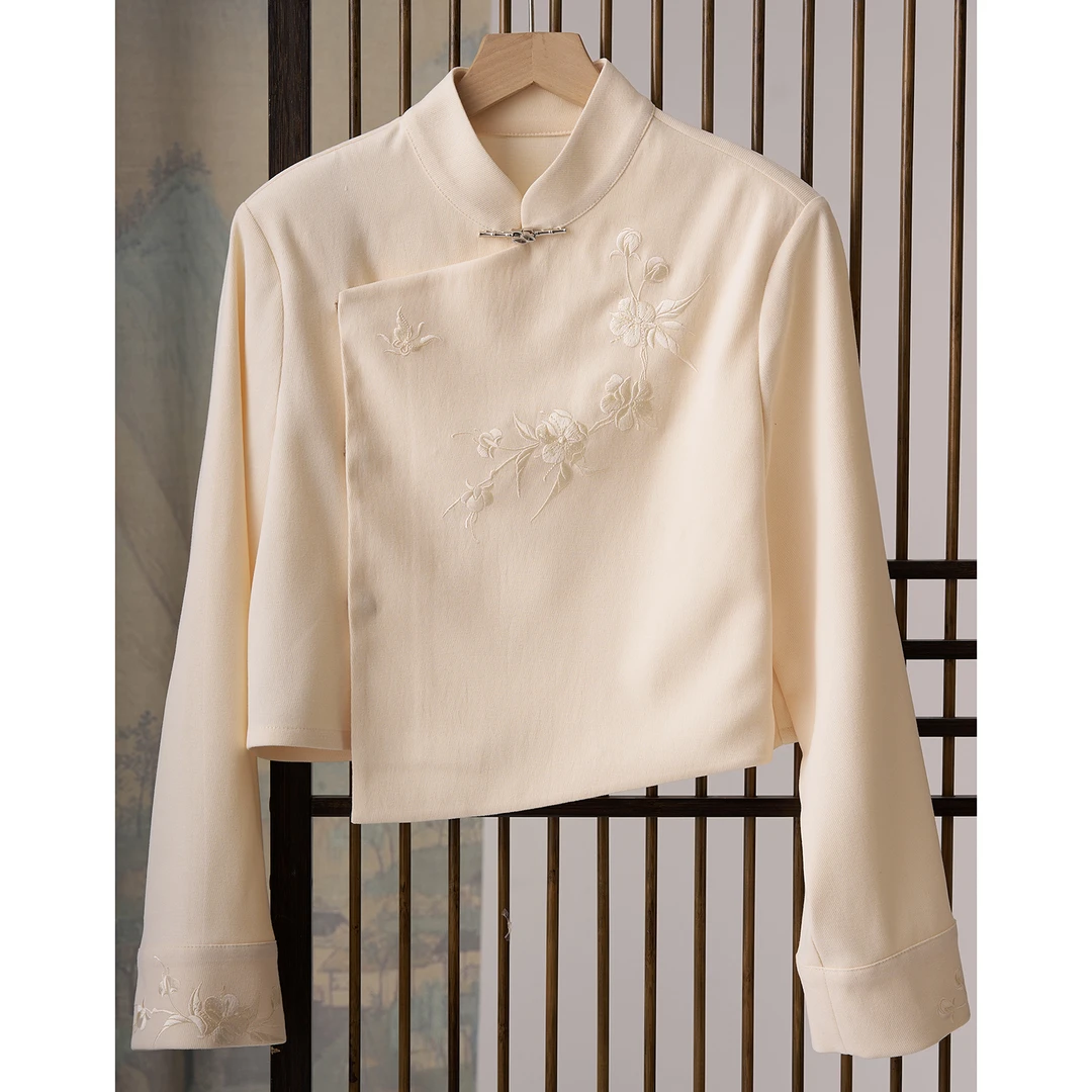 林之清货【玉蝶花影】米色长袖 新中式唐装 上衣 原创设计2024新款