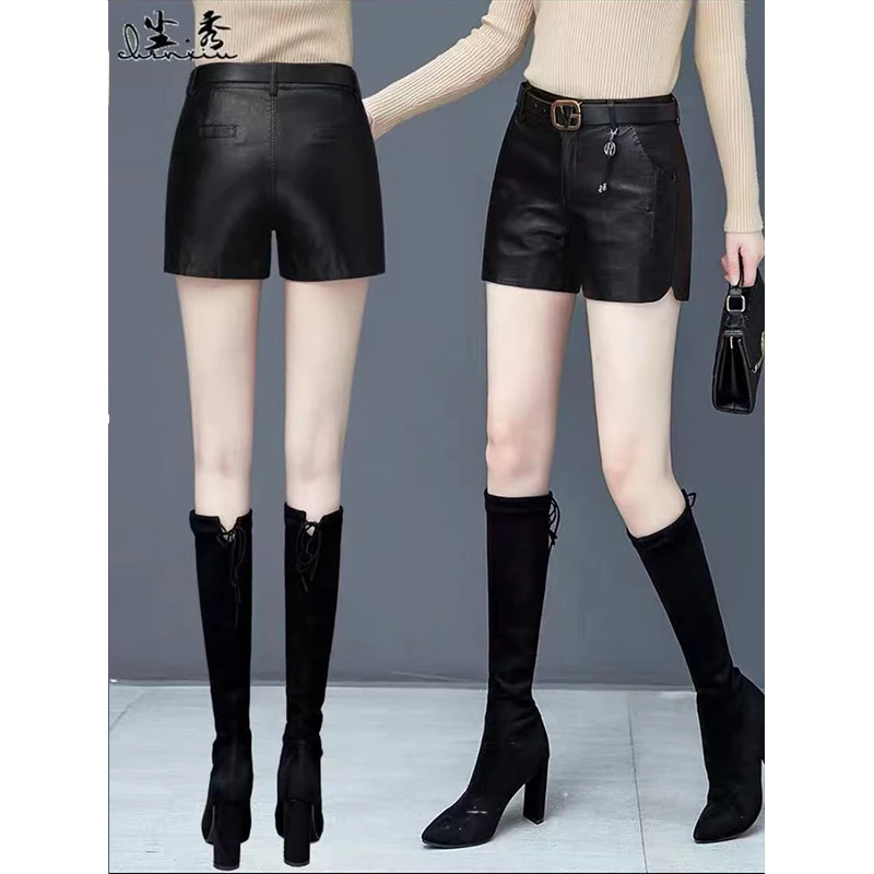 【不送腰带】松紧腰皮短裤女春秋新款休闲高腰阔腿裤大码黑色pu皮裤