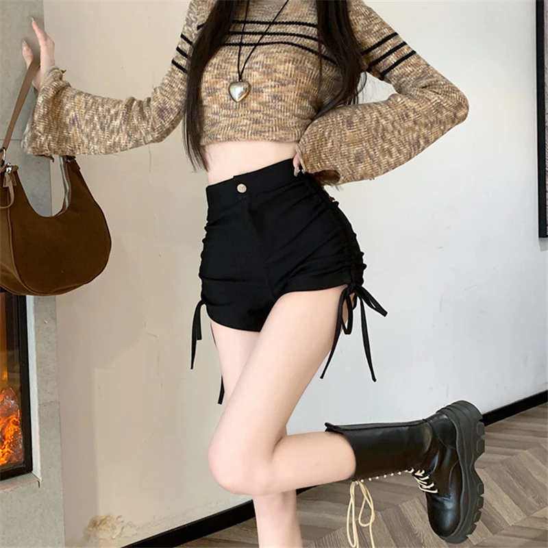辣妹性感外穿弹力短裤女修身抽绳设计感高腰黑色显瘦百搭包臀热裤