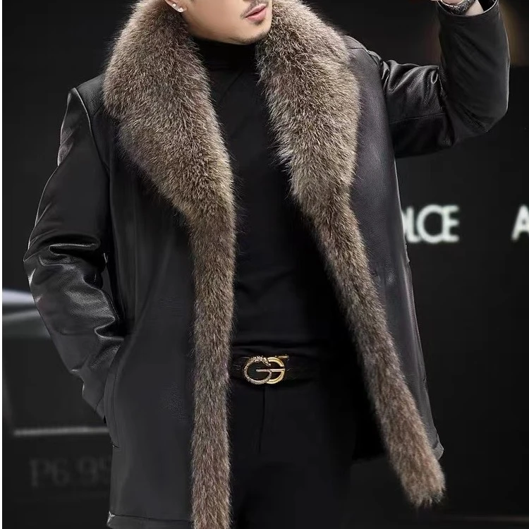 绵羊皮男士中长款美洲貉子大毛领大衣冬装加绒加厚真皮皮衣外套