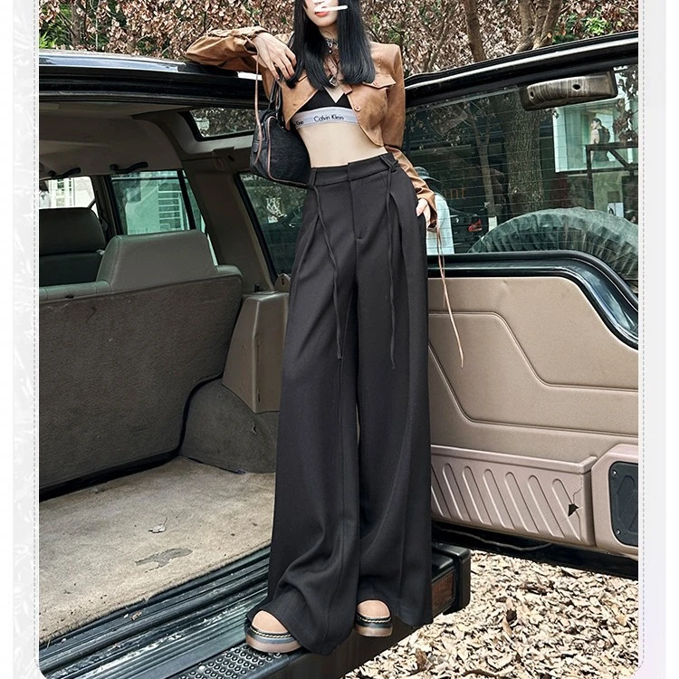 2024女装#美式系带大阔腿西装裤女春夏高腰宽松显瘦垂感拖地长裤