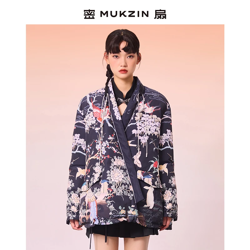 密扇2022冬季新款占星公园 中国风斜襟双面可穿羽绒服女热力感