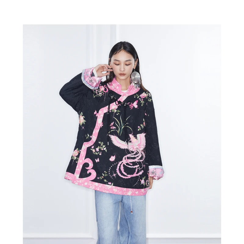 密扇2024玲珑系列「凤栖」中式撞色衬衣棉服外套M24DA03005001