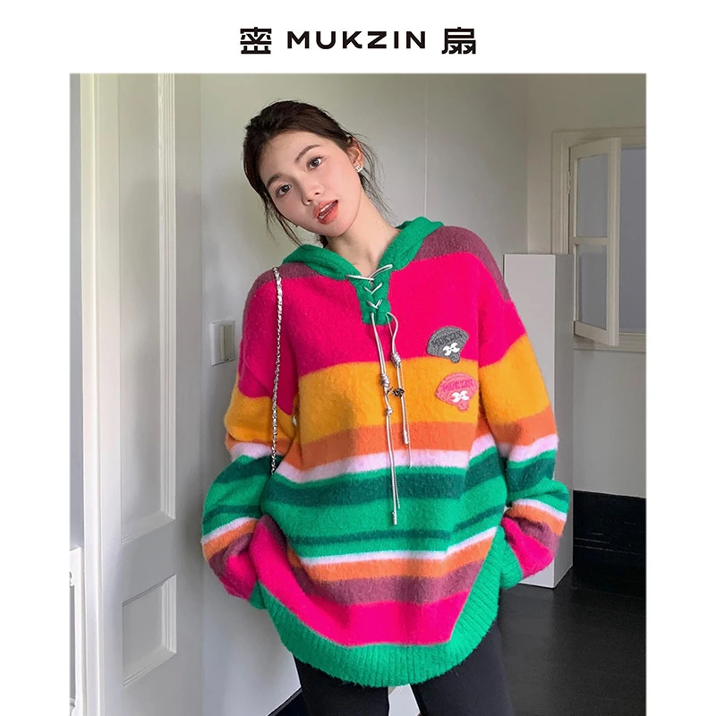 mukzin/密扇2023冬装新款游龙戏凤复古撞色针织帽衫M234A07009999