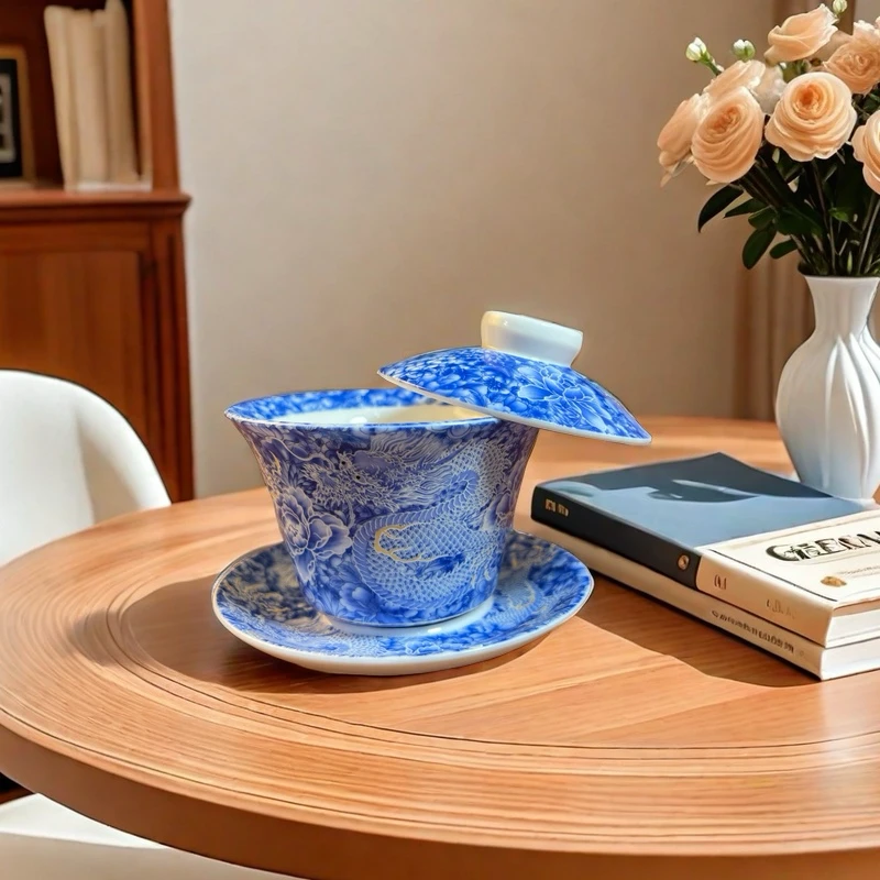 【360°悬停旋转】悬停三才盖碗-陶瓷龙腾盛世茶具