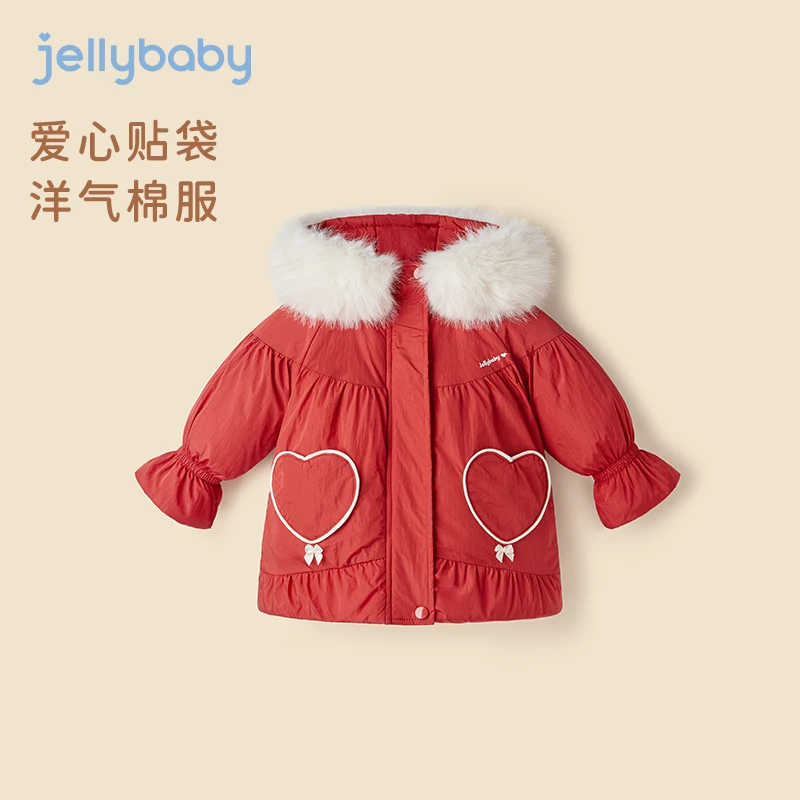 杰里贝比女童棉袄冬季红色外套冬装保暖衣服中长款棉服 JAG34011
