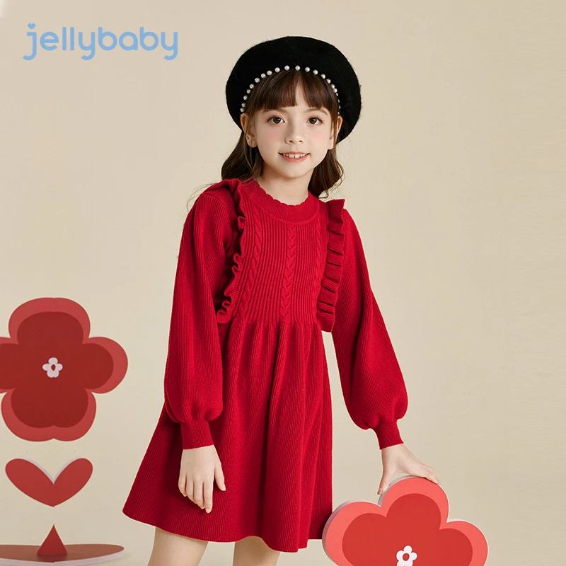 杰里贝比女童秋冬毛衣裙秋装裙子儿童红色针织连衣裙 JQG25010G