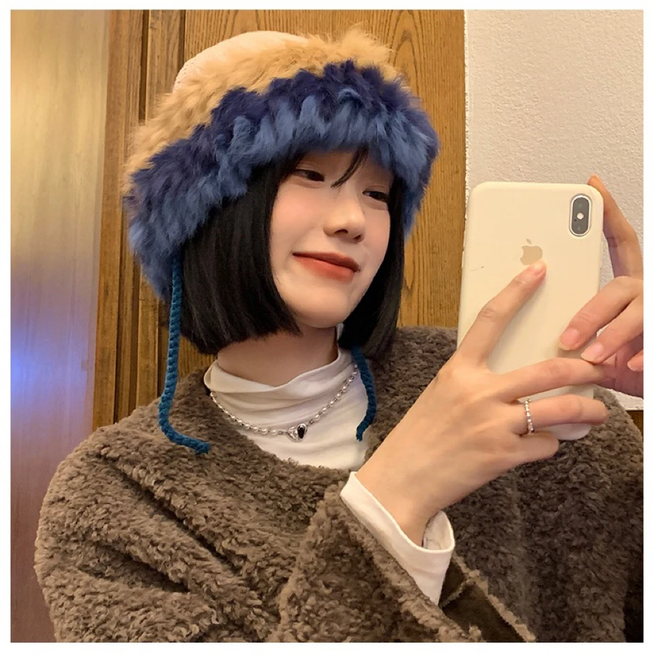 新款兔毛针织帽女秋冬季拼接保暖毛线帽韩版甜美可爱毛绒包头帽子