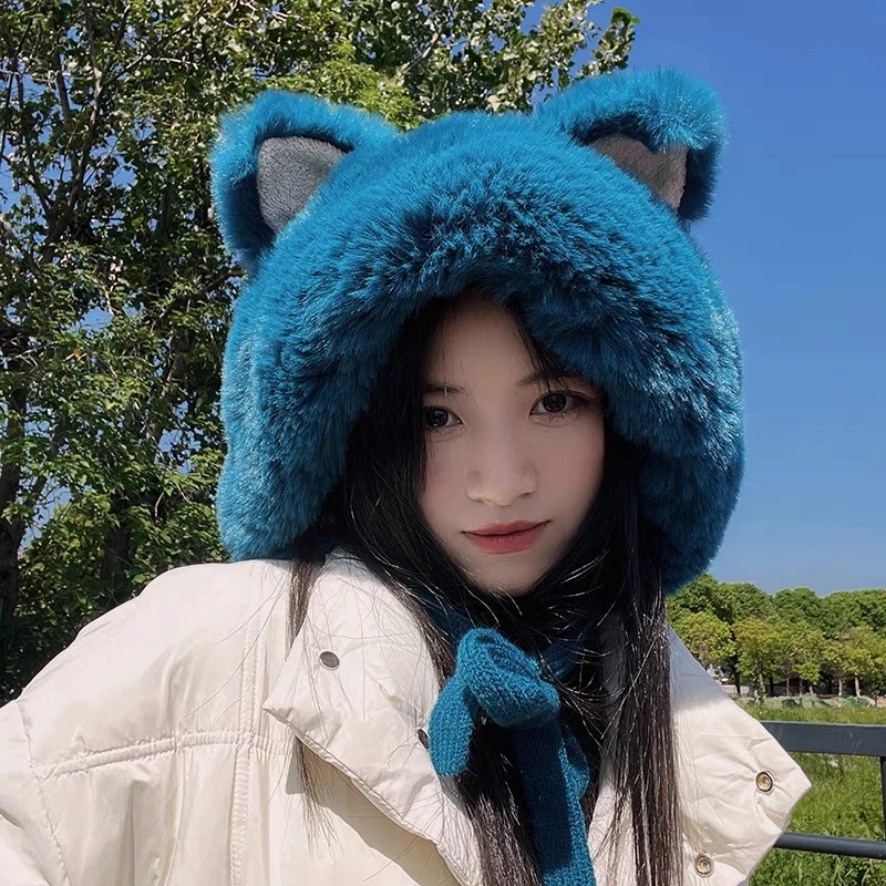 狐狸耳朵毛绒帽子网红百搭贝雷帽帽檐保暖冬季护耳雷锋女加厚帽子