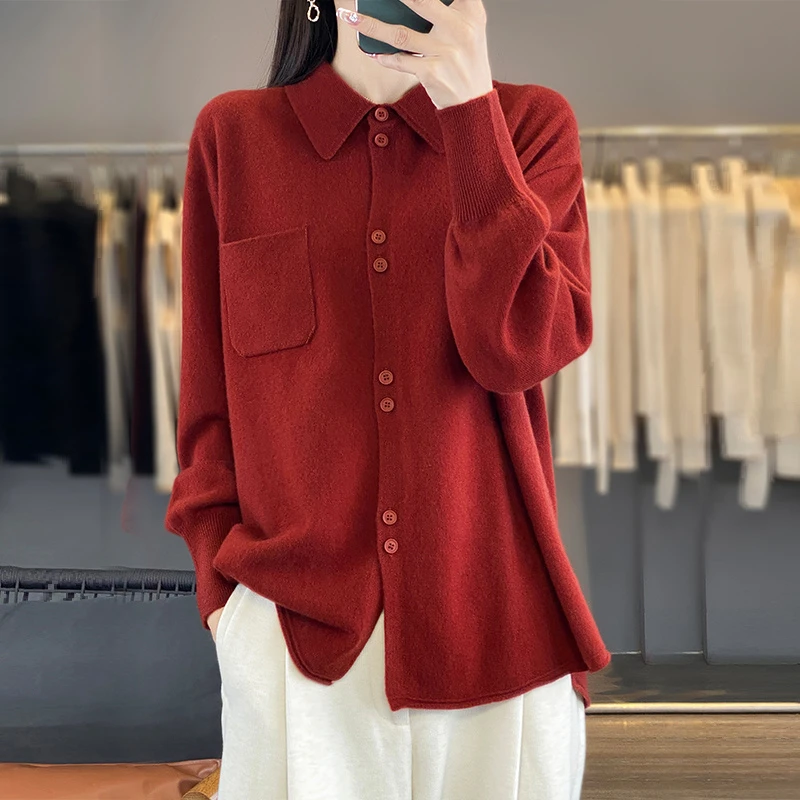 让您的气质瞬间提升~女士翻领带兜羊毛针织开衫