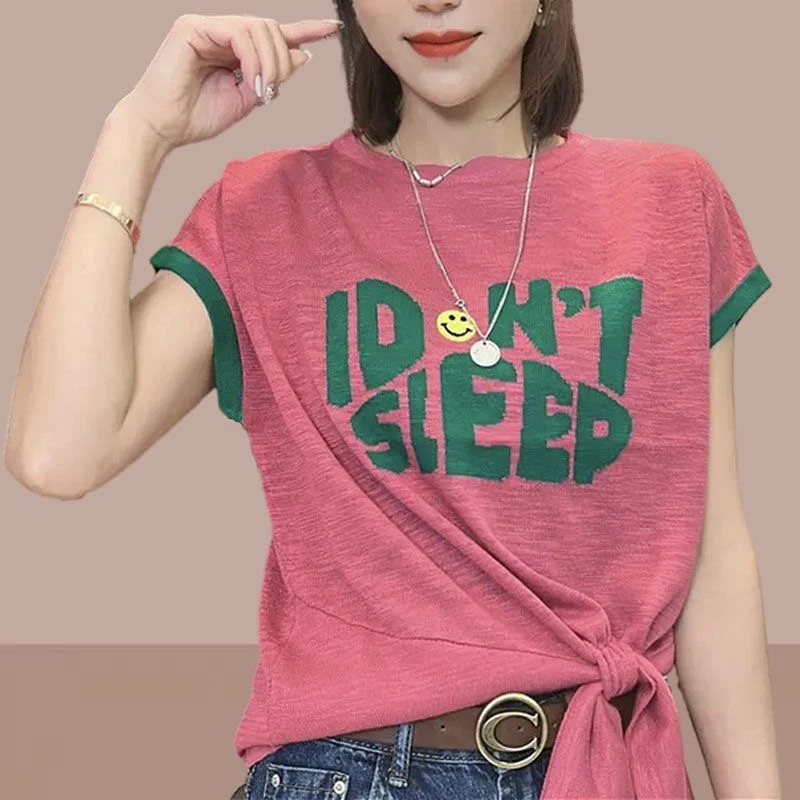 韩版时尚字母撞色冰丝针织衫2025年夏季新款下摆打结T恤短袖上衣