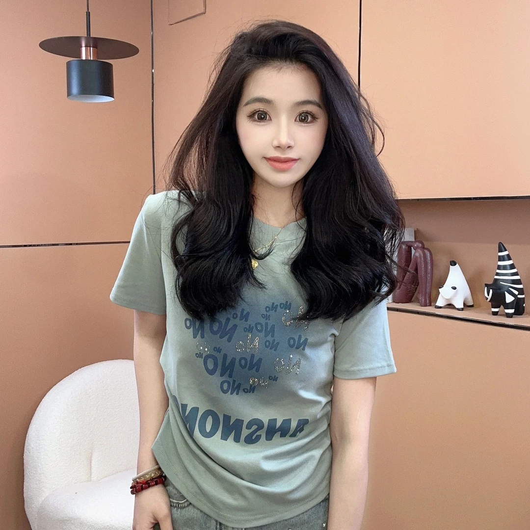 纯棉渐变褶皱收腰烫钻字母短袖t恤女2024夏季新款休闲百搭上衣潮