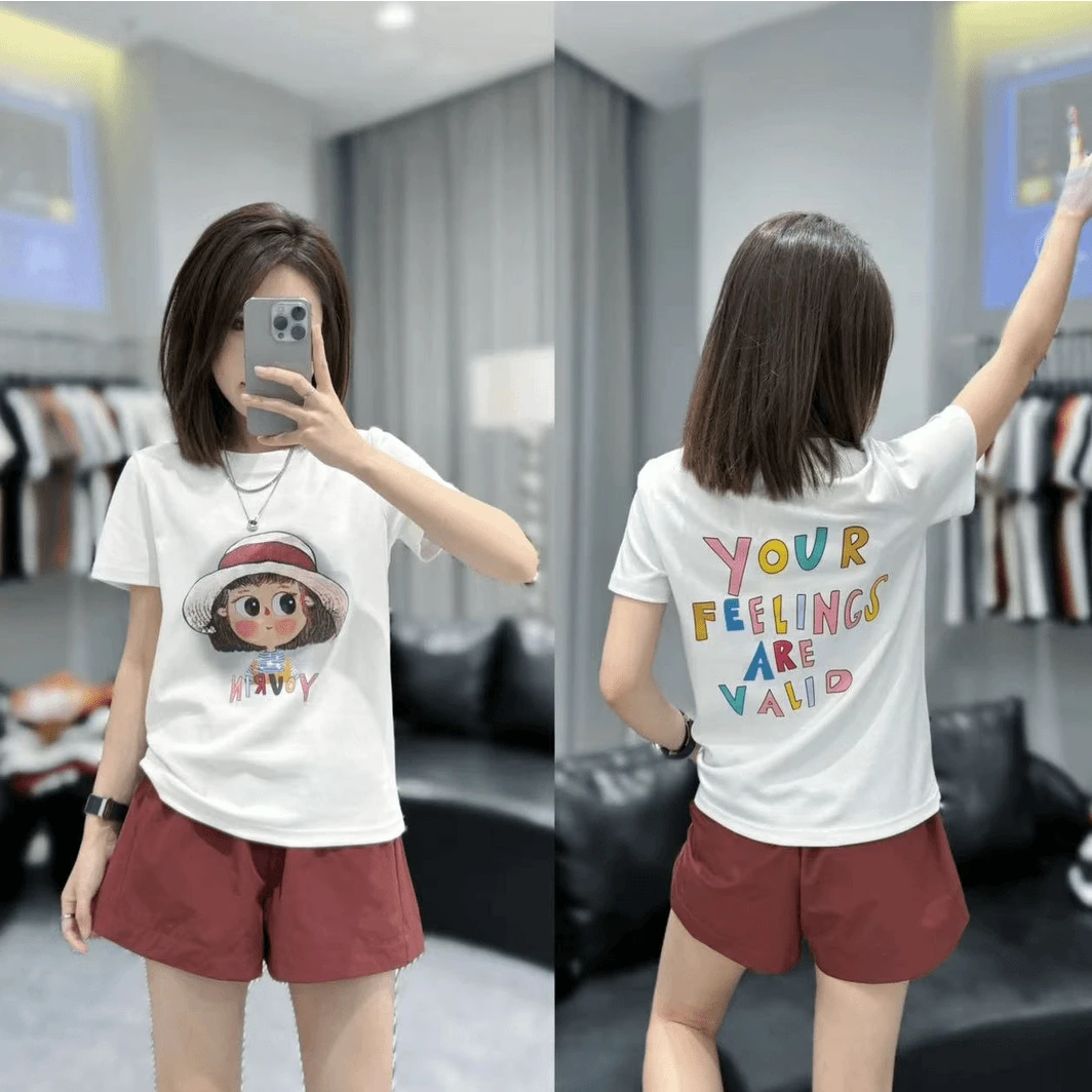 纯棉2025夏季新款卡通印花短袖t恤女时尚休闲宽松圆领百搭上衣ins