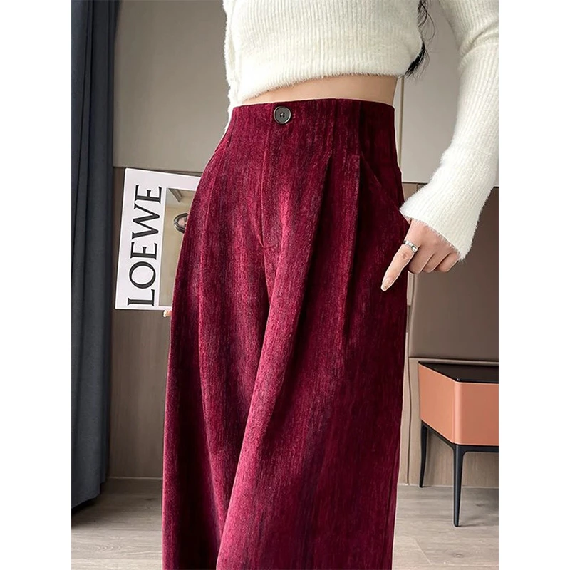 安可拉红扎染雪尼尔阔腿裤女秋冬高腰宽松显瘦垂感条绒加厚休闲裤