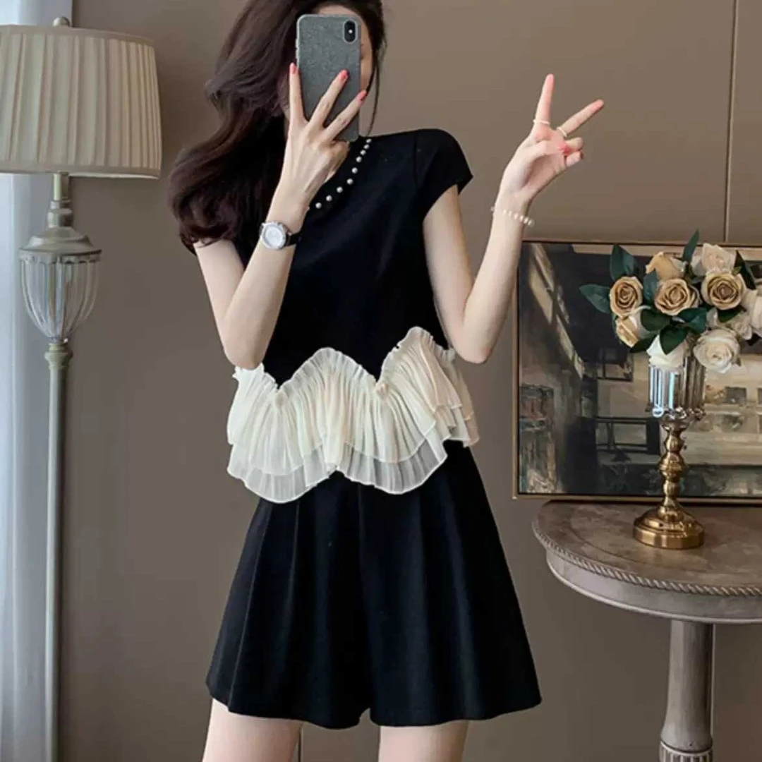 时尚圆领钉珠拼接T恤套装女夏季新款高级感气质名媛阔腿裤两件套