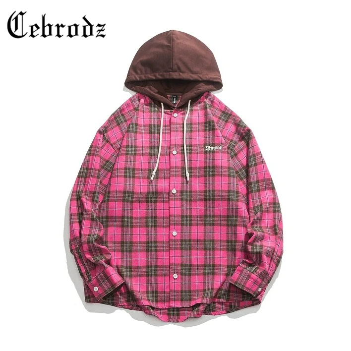 Cebrodz美式街头格子连帽拼色长袖衬衫男女复古宽松百搭休闲衬衣
