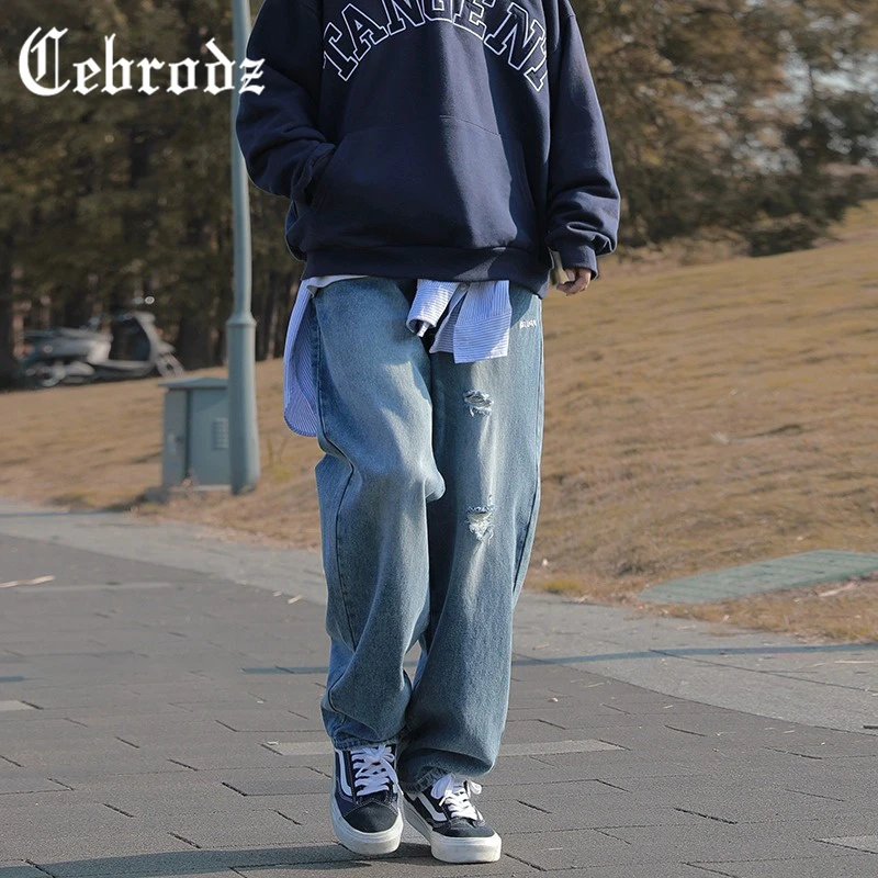 CebrodzCityboy日系牛仔裤男2023新款秋季破洞裤子宽松复古男长裤
