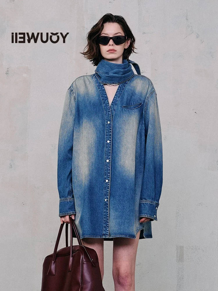 YOUWEI有尾女装简约系带领牛仔棉质衬衫女休闲上衣Y1624409