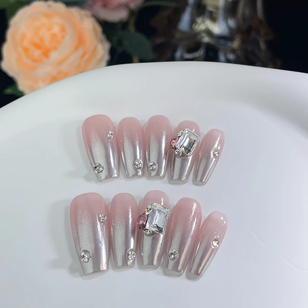 【绮梦】纯手工穿戴甲渐变银色魔镜粉新款少女裸色月光显白