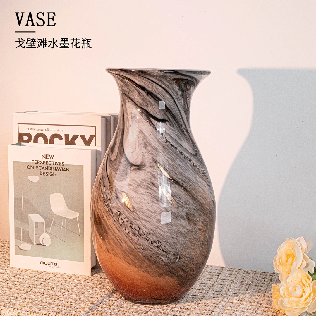 [色彩]新中式简约复古粉色沙滩水墨大号琉璃花瓶客厅玄关摆件J179