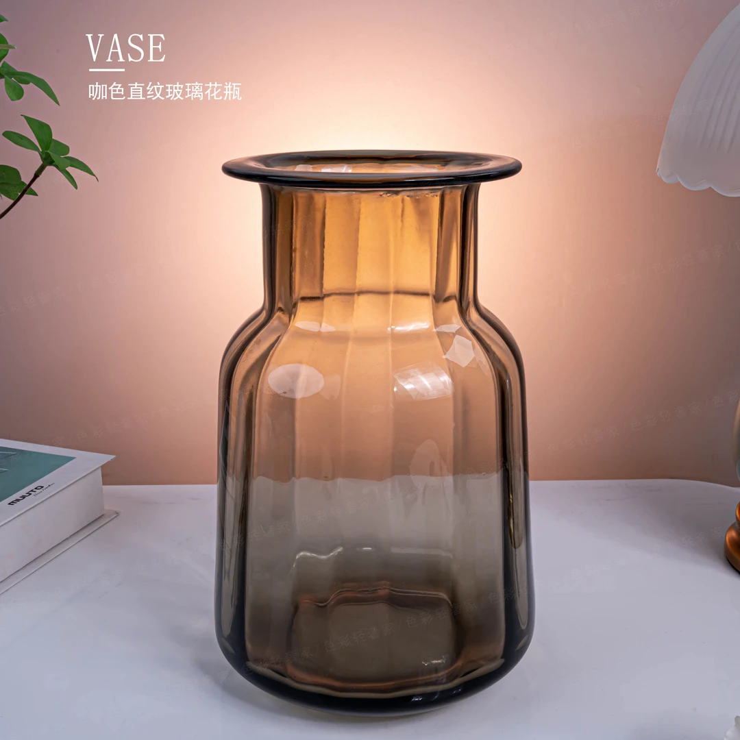 [色彩]Z2-咖色直纹插花桌面琉璃花瓶时尚简约花卉装饰花器F576