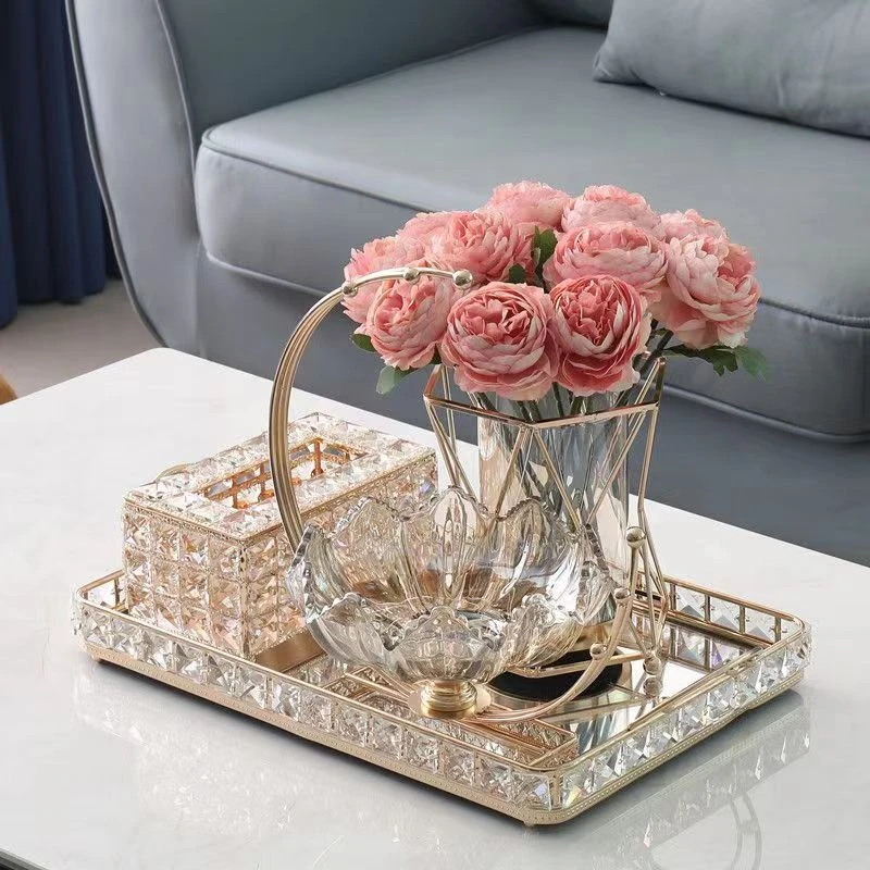 欧式简约镜面轻奢水晶托盘家用轻奢方形高档客厅餐桌摆件工艺品