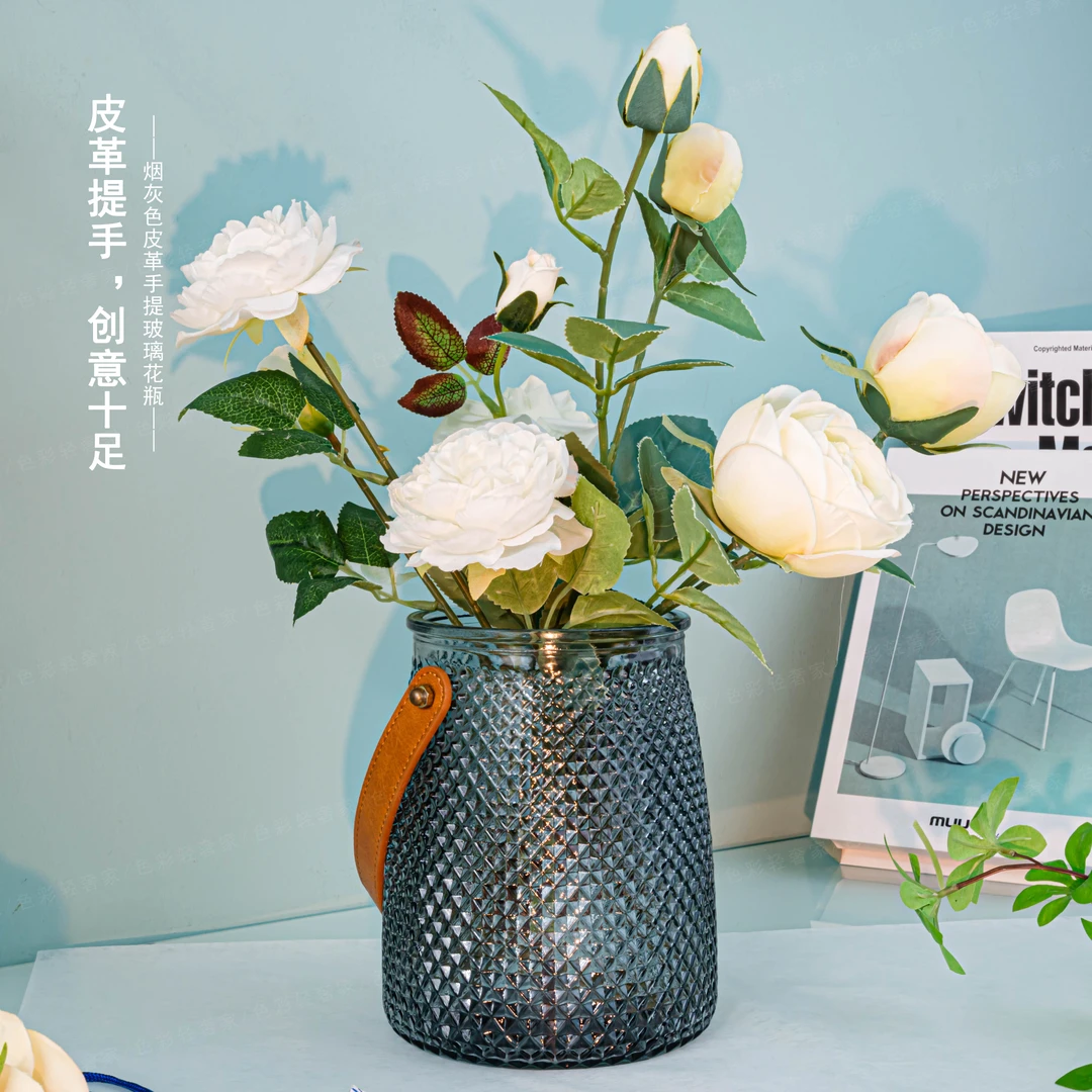[色彩]烟灰色皮革手提网红水培器皿花瓶玻璃透明高档水养琉璃花瓶