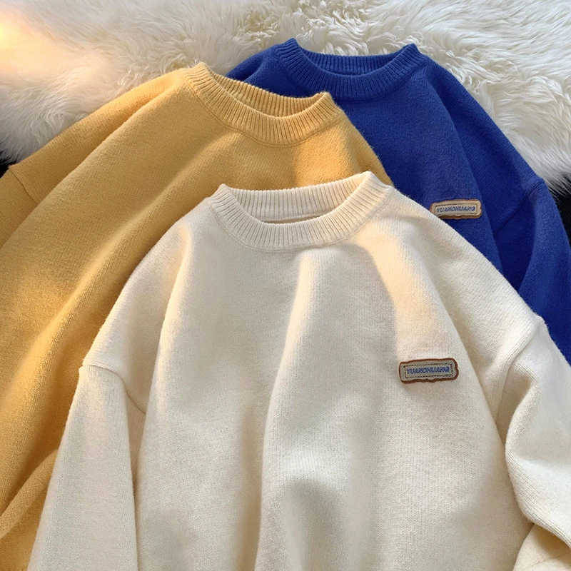 圆领毛衣男款纯色贴标秋冬季简约风百搭ins休闲宽松情侣针织衫