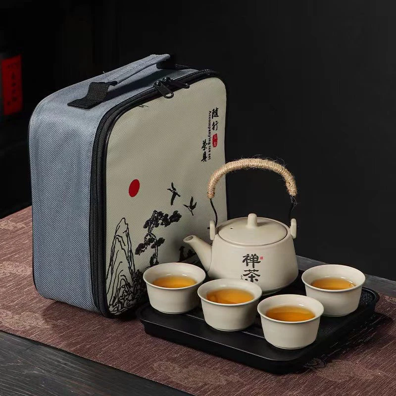 旅行茶具小套装一壶四杯带茶盘小号蓄水盘粗陶茶壶陶瓷杯快客套组