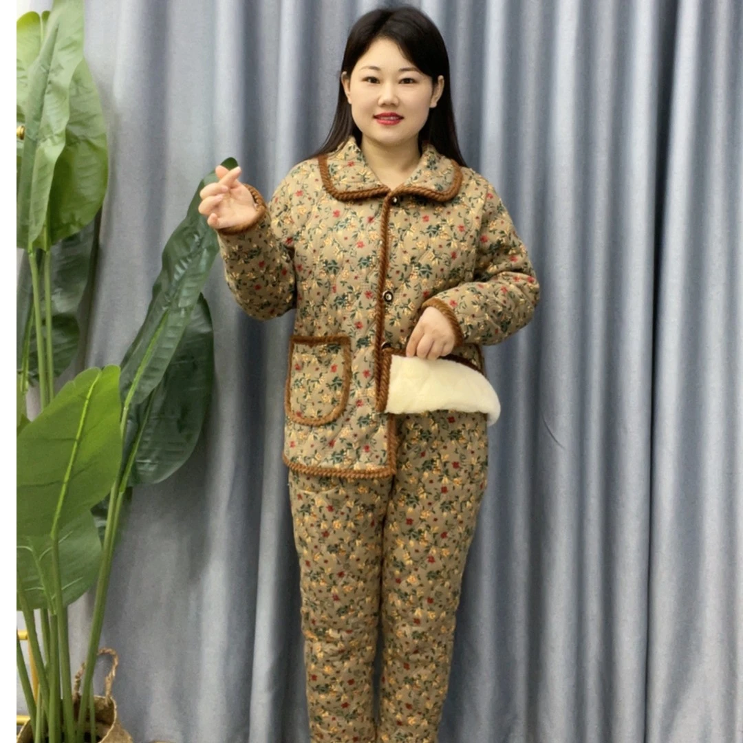 冬季复古妈妈装网红印花加绒加厚时尚碎花套装中老年保暖秋冬棉服