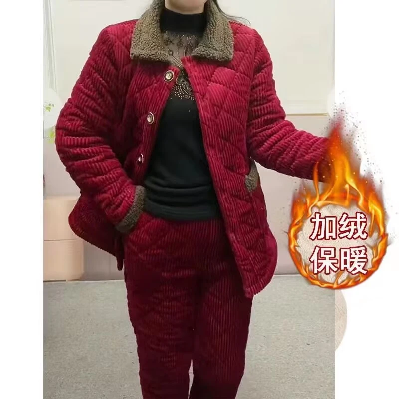 妈妈装加绒宽松加厚宽松棉衣套装冬季新款中老年棉袄棉裤两件套