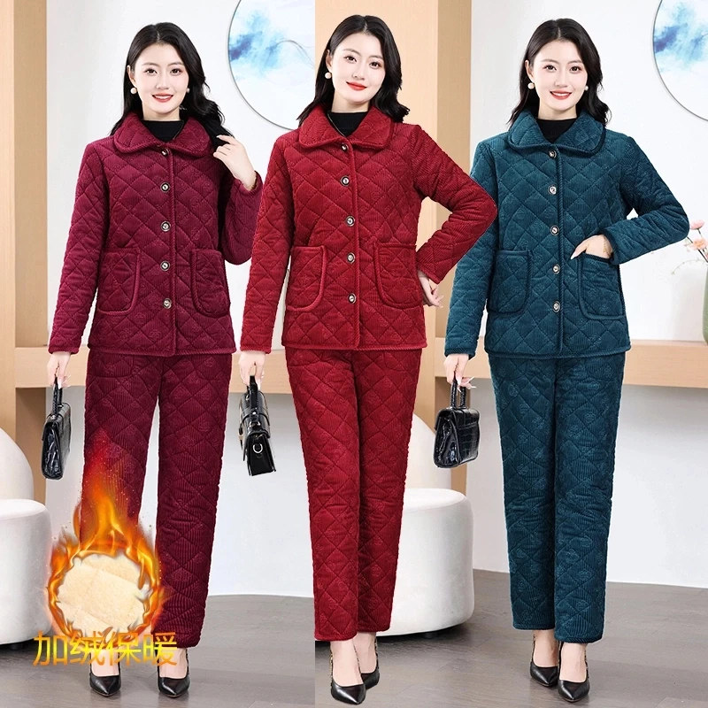 2024冬季妈妈装中老年大码保暖加绒加厚外穿中年居家保暖套装女士