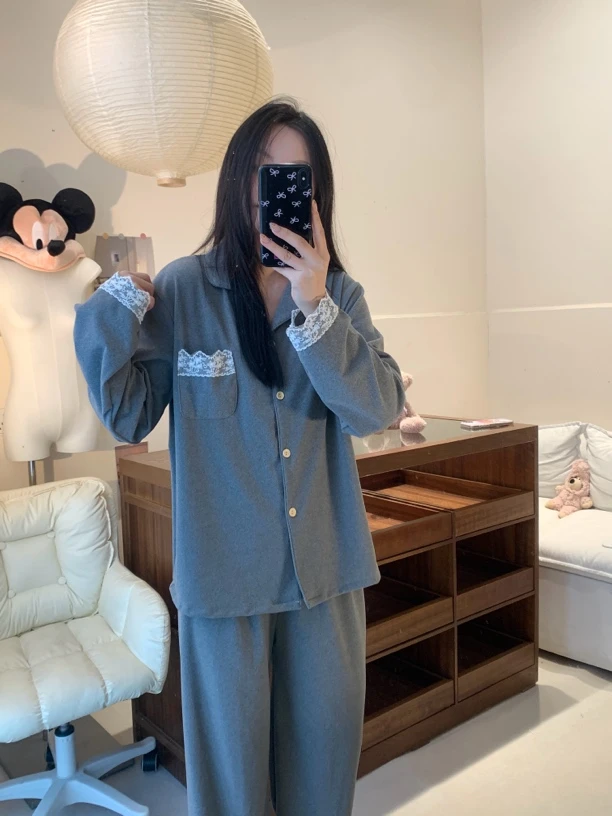 【芭蕾少女】韩系甜美蕾丝秋冬德绒少女睡衣长袖保暖家居服套装