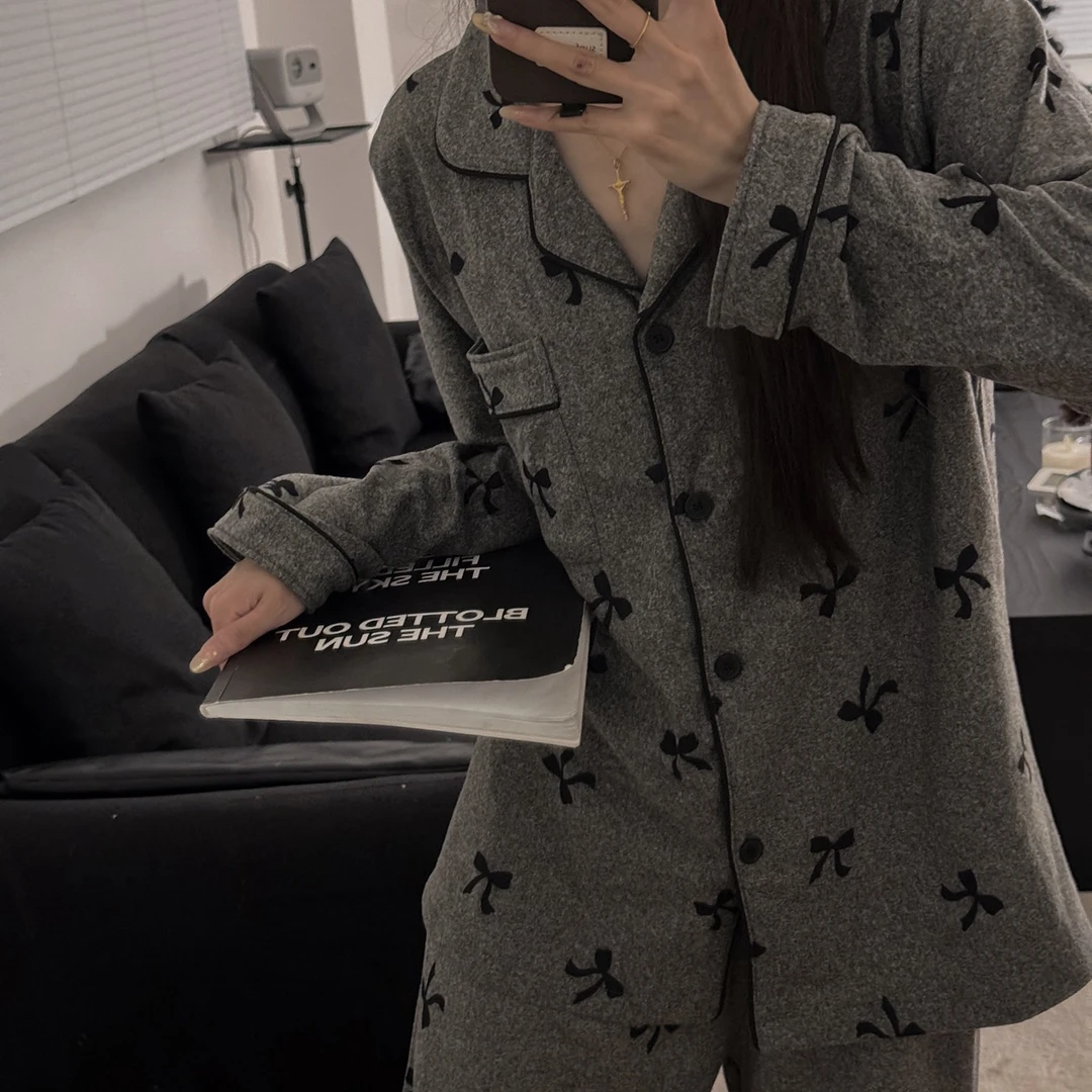 【蝴蝶结】韩系高级感蝴蝶结印花睡衣少女秋冬德绒保暖家居服套装