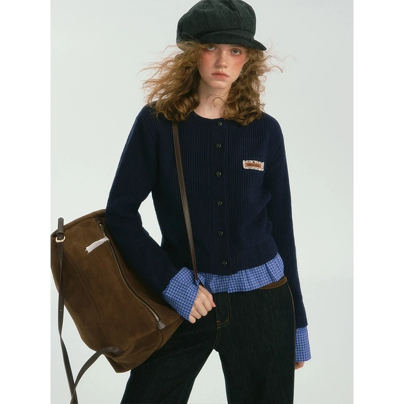 SOMESOWE 复古格纹花边毛衣开衫