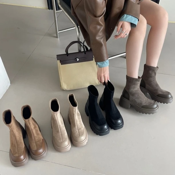 【高奢系列】6cm厚底绒面 加绒 百搭套筒弹力瘦瘦靴切尔西 77608C