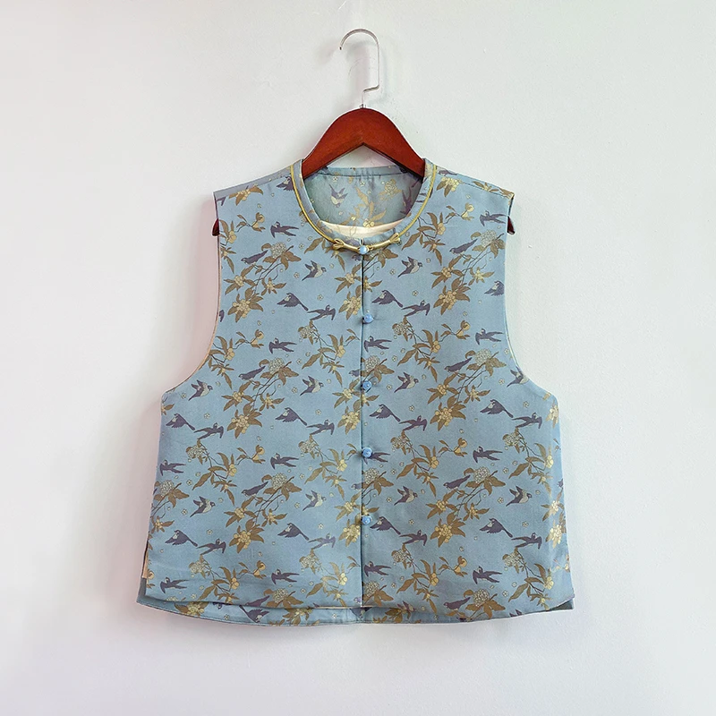 【枇杷山雀】钱小萍宋锦真丝马甲对襟唐装国风盘扣时尚桑蚕丝上衣