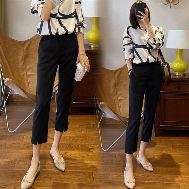 高腰西装裤直筒烟管裤女夏季新款夏款冰丝薄款高腰显瘦小个子开叉