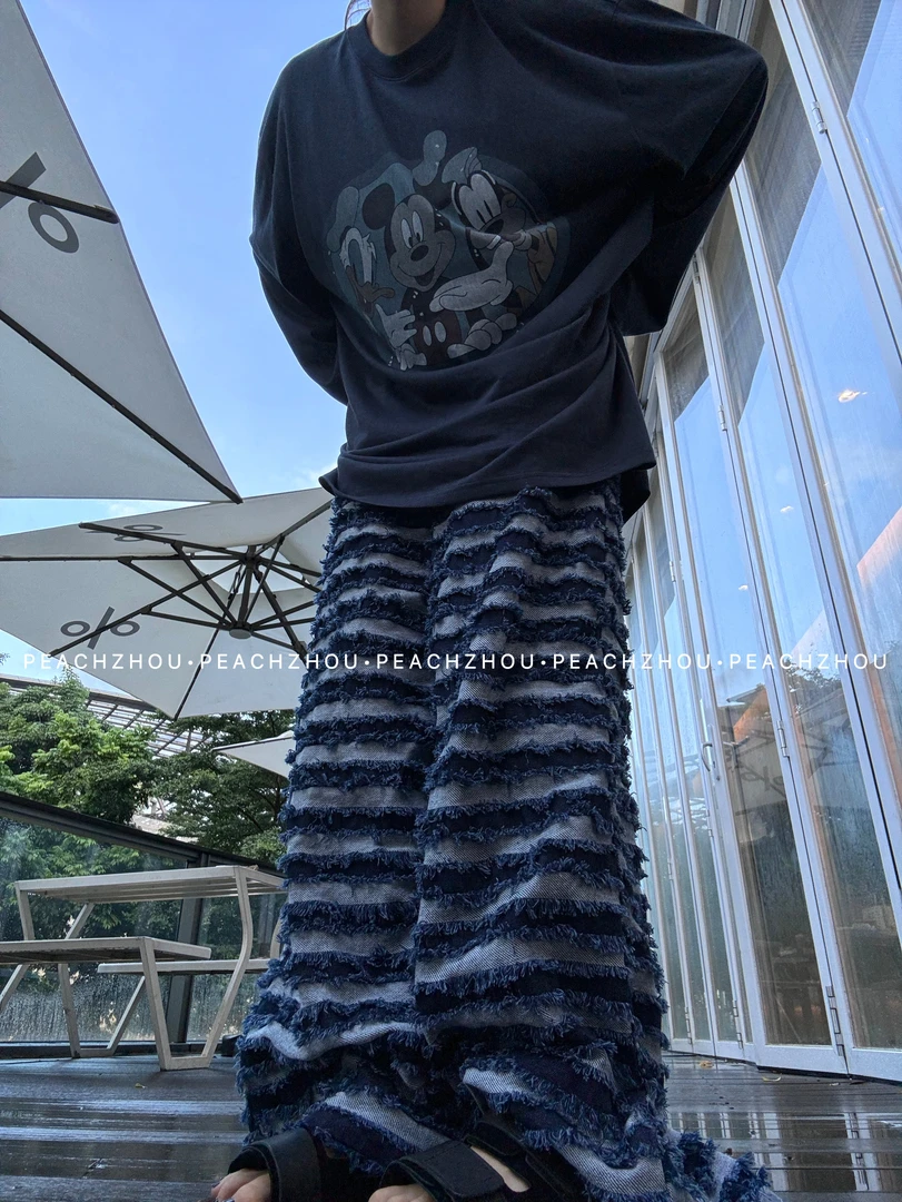 『PEACHZHOU』流苏横条剪花水洗宽松直筒牛仔裤休闲设计感阔腿长裤